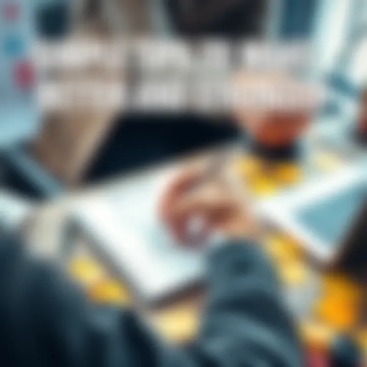 A person sitting at a desk, jotting down ideas on a notepad with a pen, surrounded by sticky notes and a laptop, showing a creative workspace.