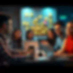 A group of diverse people brainstorming team names for a fintech hackathon with sticky notes and laptops