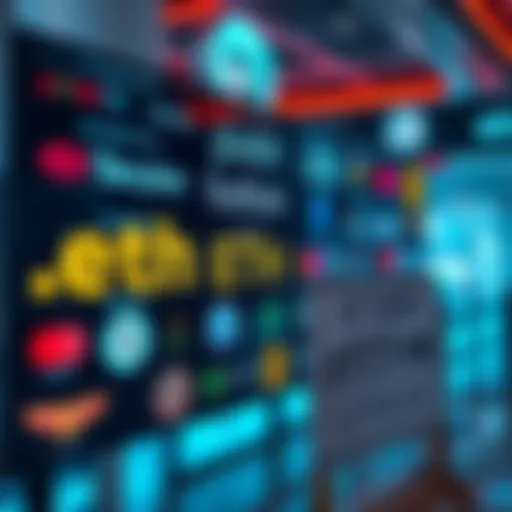 A collection of .eth domain names displayed on a digital screen, showcasing various brand logos. A sign indicates that they are available for purchase.
