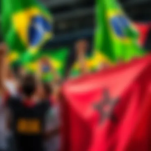 A diverse group of fans from Brazil and Morocco celebrating together during a football match, showcasing vibrant flags and team colors.