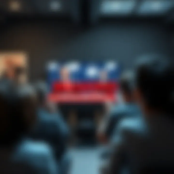 Breaking news update A group of people watching breaking news on a television screen, expressing surprise