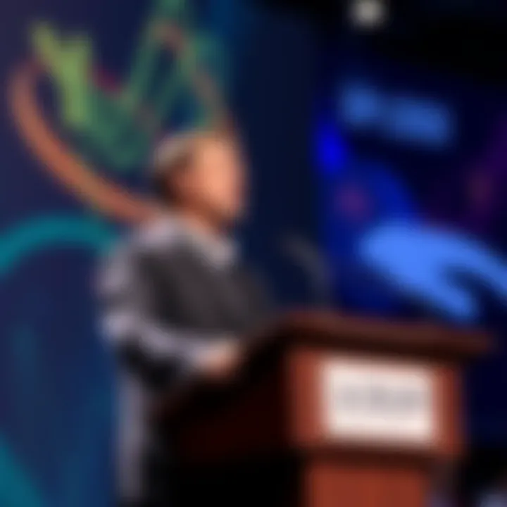 Brett Mollin speaking at a podium about his new role with the XRP Ledger Foundation