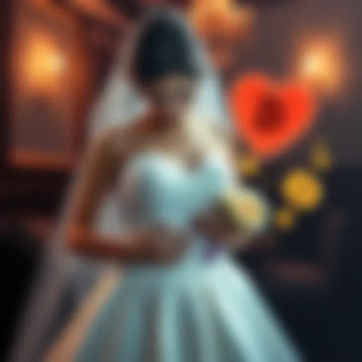 A bride looking distressed while holding her wedding dress, with a broken heart symbol and digital currency icons around her, representing lost savings due to a hack.