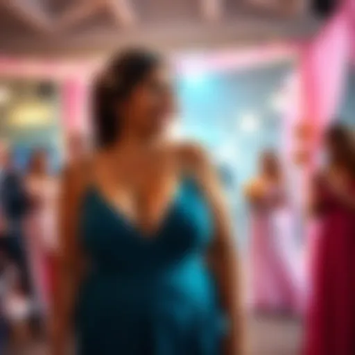 A curvy bridesmaid wearing a low-cut, stylish dress, smiling and enjoying a wedding celebration