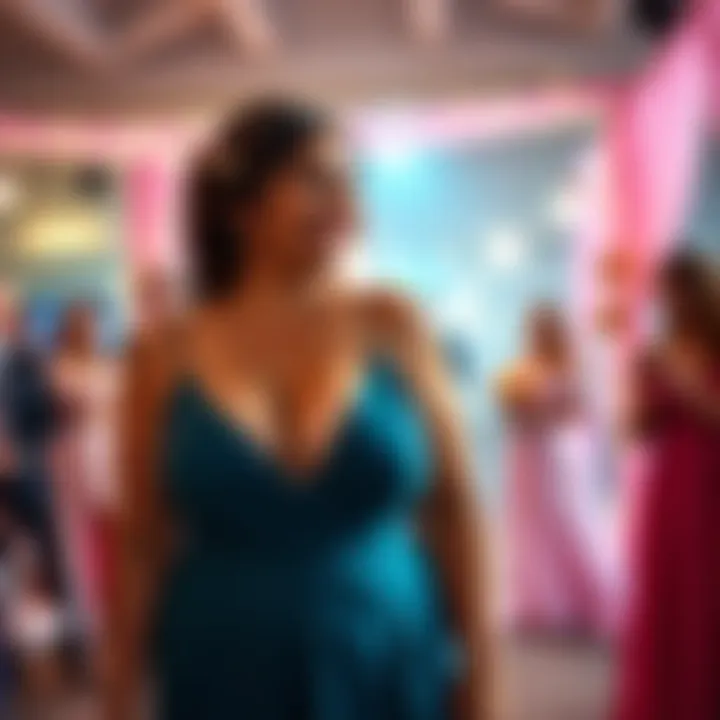 Bridesmaid in Stylish Dress A curvy bridesmaid wearing a low-cut, stylish dress, smiling and enjoying a wedding celebration