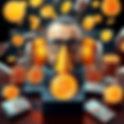 A British technology expert surrounded by Bitcoin symbols and currency notes, representing a recent revelation about Satoshi Nakamoto's identity.