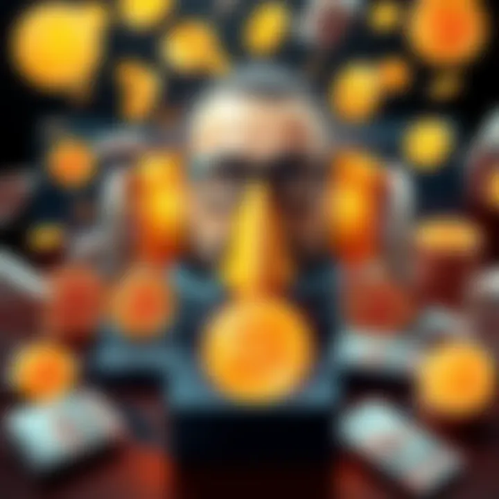 A British technology expert surrounded by Bitcoin symbols and currency notes, representing a recent revelation about Satoshi Nakamoto's identity.