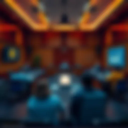 A meeting room with people discussing blockchain governance, featuring a central table and digital devices showing charts related to Bitcoin.