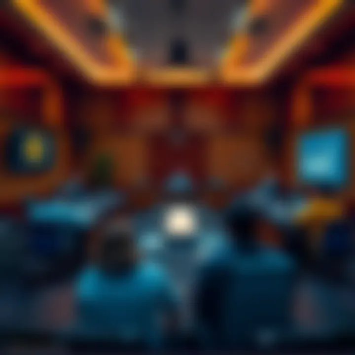 A meeting room with people discussing blockchain governance, featuring a central table and digital devices showing charts related to Bitcoin.