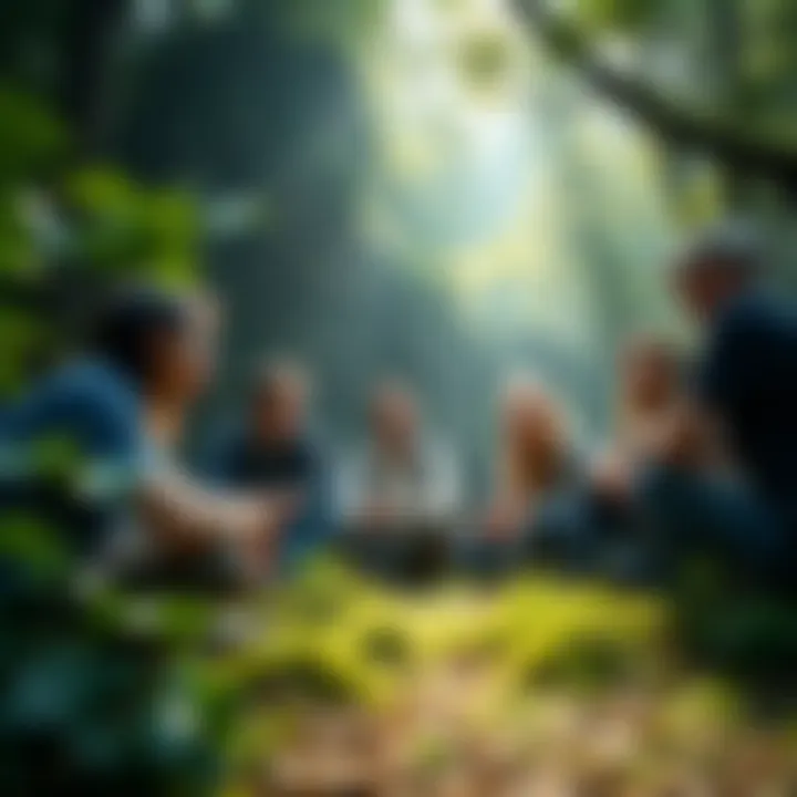 A group of BTC cycle survivors sharing experiences in a forest setting, emphasizing unity and resilience in cryptocurrency challenges