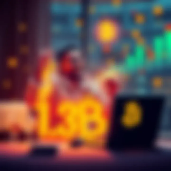 Person celebrating reaching 1.3 BTC milestone with a laptop and cryptocurrency symbols