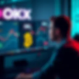 A person looking at their computer screen with BTC graphs and OKX logo, contemplating their investment options.
