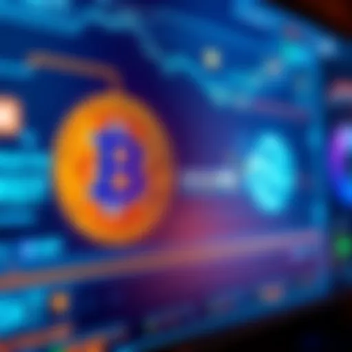 A digital display showing the exchange process from Bitcoin to USDT with simple graphics and currency symbols