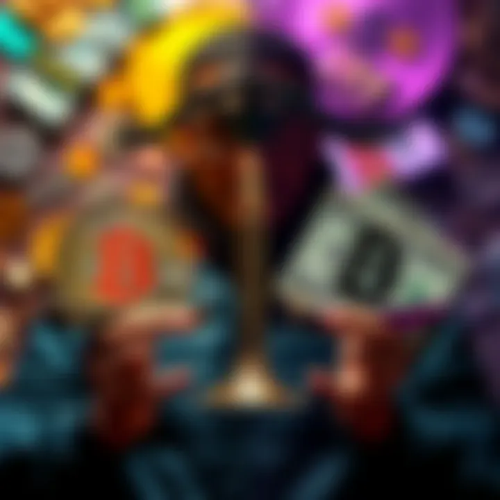 A person weighing Bitcoin and cash as investment options, with a split background of cryptocurrency and currency notes.