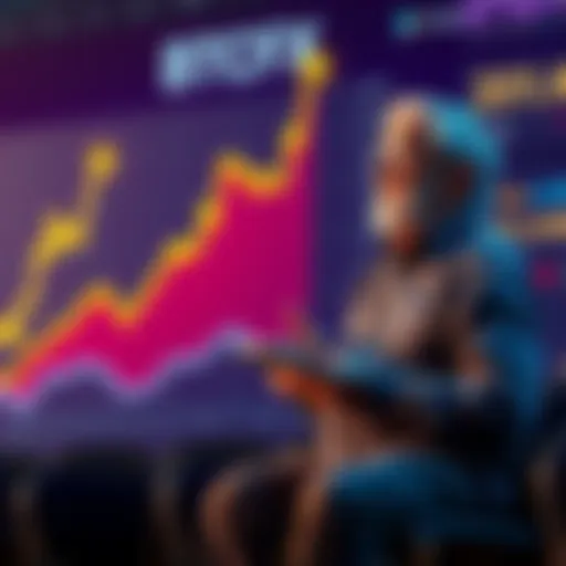 A graph showing rising bitcoin values with an elderly couple discussing retirement plans, symbolizing BTCFX as a retirement investment option.