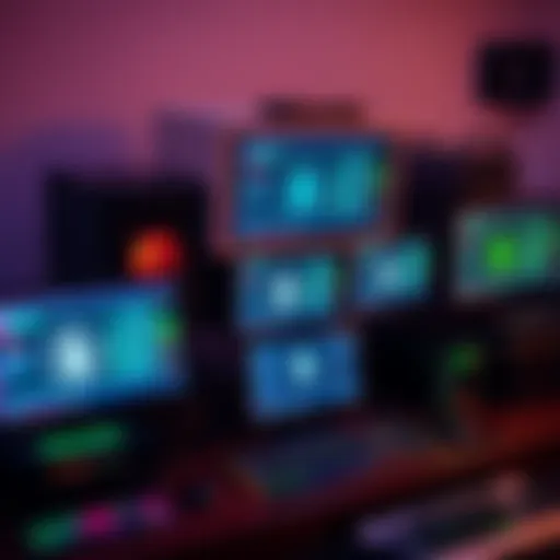 A setup of low-cost PCs arranged for Monero mining with mining software on screens.