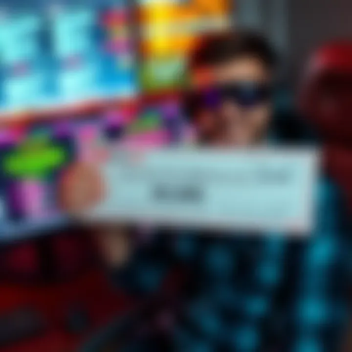 A bug hunter holds a check for $4,000 in front of a computer screen displaying security alerts, showing gratitude for preventing a major hack.