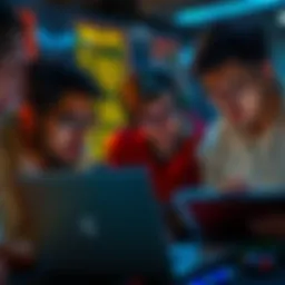 A group of bug hunters reviewing security reports on laptops, showing expressions of concern over low payouts for their work.