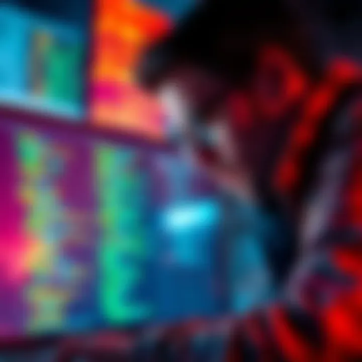 Bug Investigation A detective examining a computer screen showing code, symbolizing a software bug investigation.