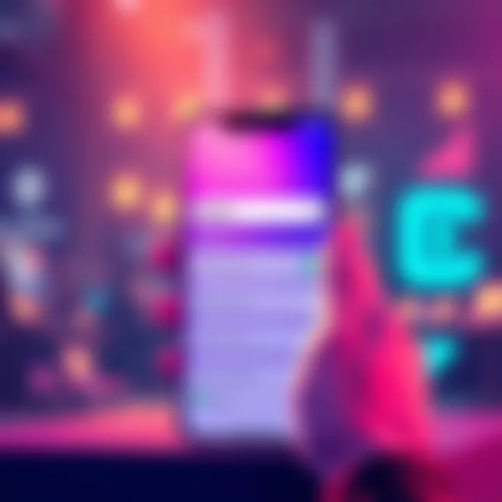 Illustration of a smartphone displaying a builder app with a search bar and tagging options