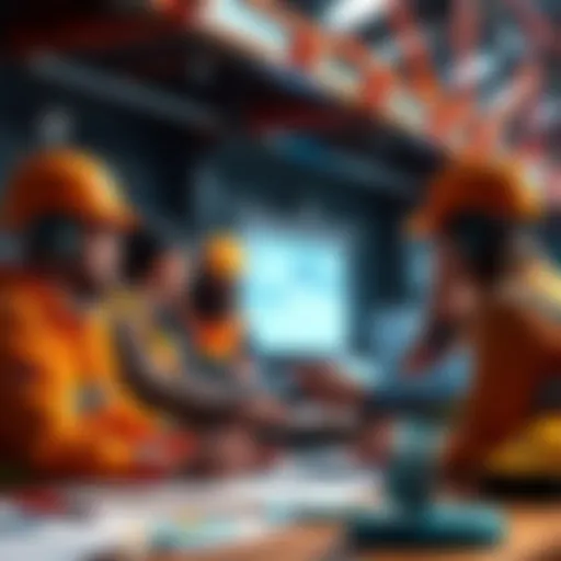 A group of builders collaborating and discussing outreach strategies in a community setting