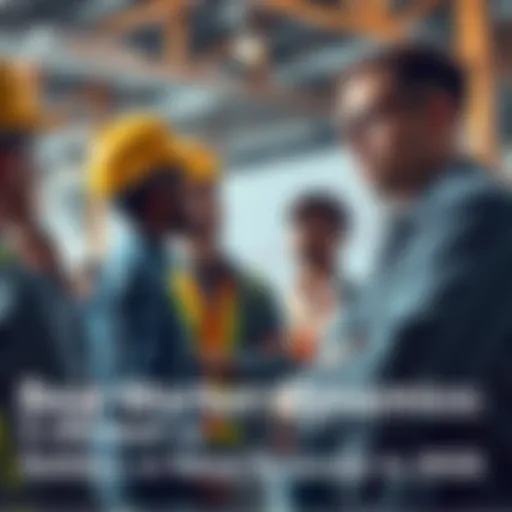 A group of builders discussing new projects while a worried retail investor looks at declining charts in the background