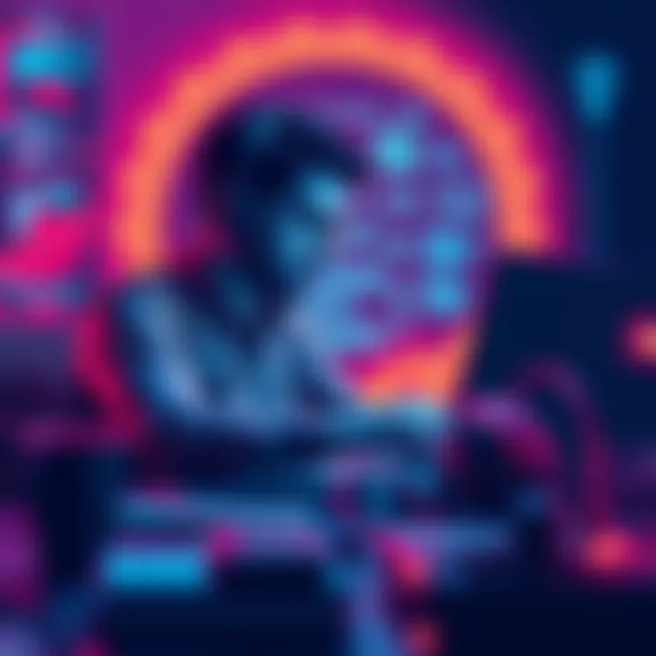 A developer working on a laptop with AI tools and coding elements around, symbolizing app creation for Pi Network.