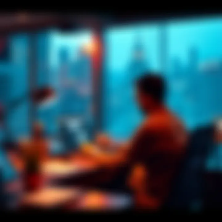 A person sitting at a desk with a laptop, working on a simple portfolio website using a free CMS.