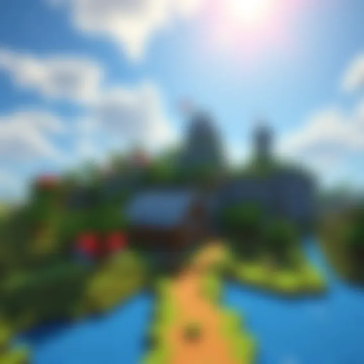 A colorful Minecraft scene showing players building homes and enhancing the terrain with trees and hills in Stampy's Lovely World seed.