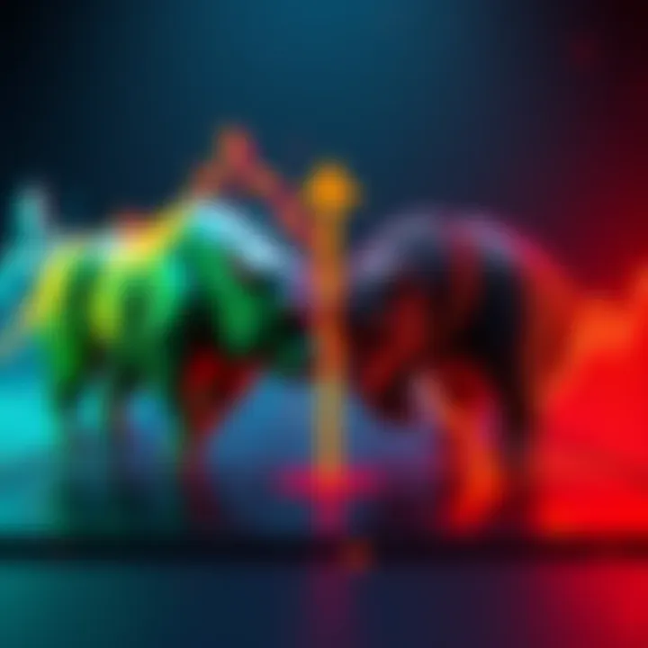 Bull and Bear Market Comparison Graphic showing bull and bear symbols representing market trends, with arrows indicating potential growth and decline in cryptocurrency.