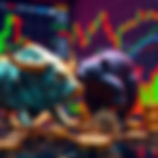 A bull and bear symbolizing the cryptocurrency market trends, with a backdrop of fluctuating charts and Bitcoin coins.