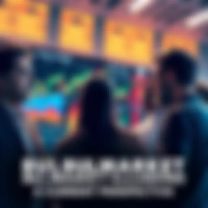 A group of people discussing stock market trends with charts and graphs in the background, showing mixed emotions about the market.