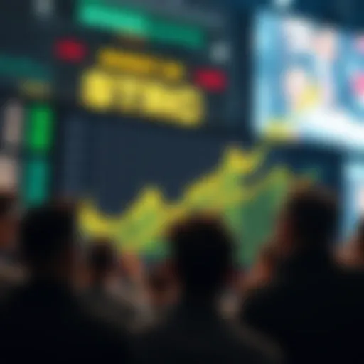A graph showing a strong upward trend in stock prices for STRC and MSTR, symbolizing a bull market. Investors appear excited and engaged, watching the display with interest.