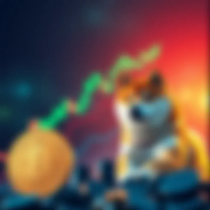 Chart showing an upward trend in cryptocurrency prices with a Shiba Inu coin in the foreground.