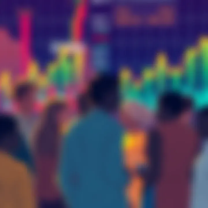 A group of diverse people discussing bullish market sentiments, with charts and graphs showing upward trends in the background.