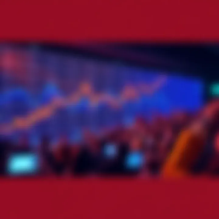 A graph showing rising prices with a crowd of happy investors looking at it, representing market optimism.