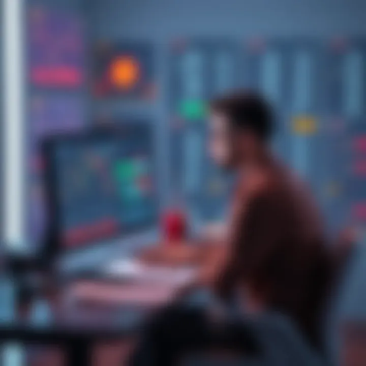 A person sitting at a computer, looking at a chart and notes about cryptocurrencies, representing crypto education