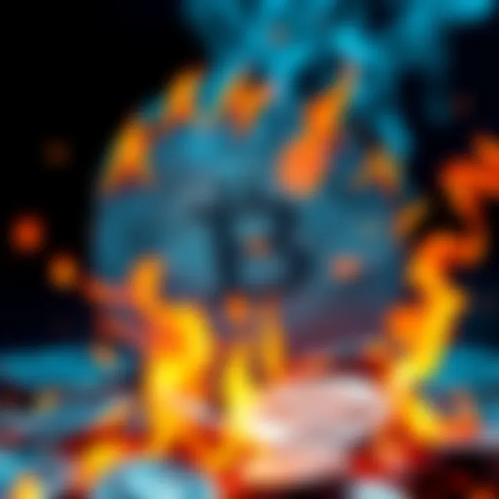 Concept illustration of a burning mechanism in cryptocurrency with digital coins being burned