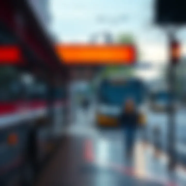 A person walking next to a bus stop, considering their commuting options between walking or taking the bus.