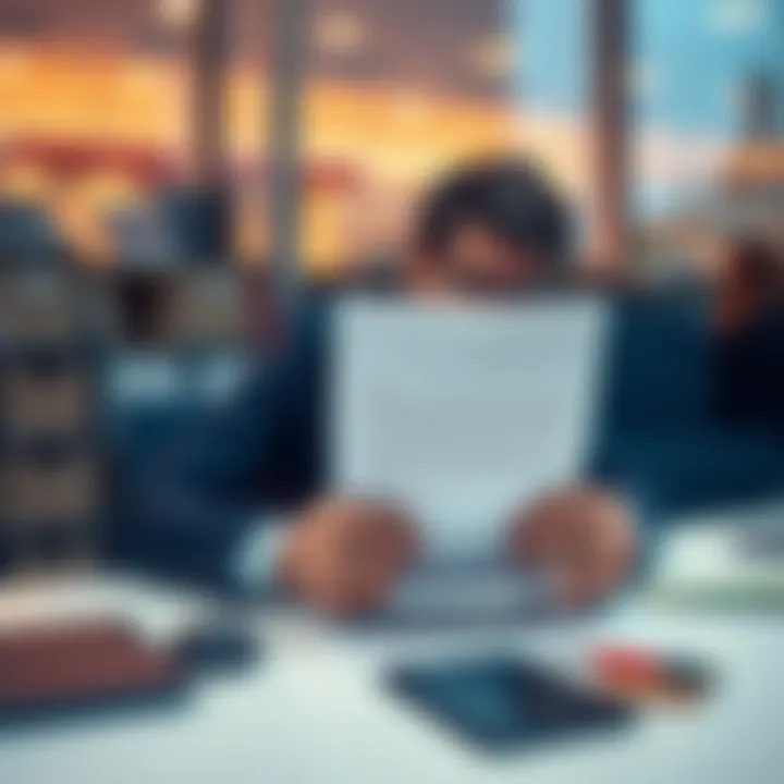 A person sitting at a desk looking concerned while reading a rejection letter for their business account application in Luxembourg
