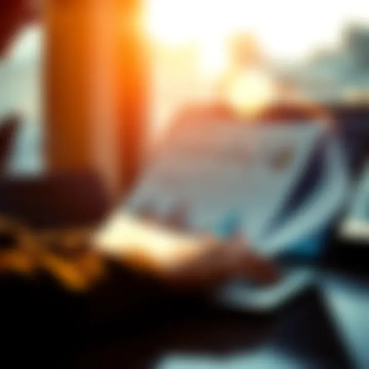 A person reading a financial report with graphs and charts on a laptop.