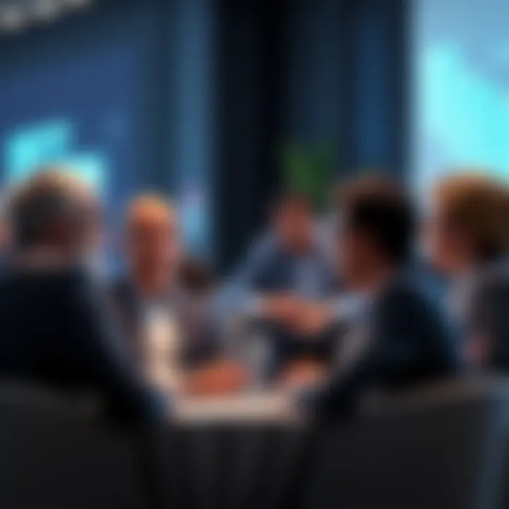 A group of business leaders at a conference sharing insights on enterprise blockchain technology