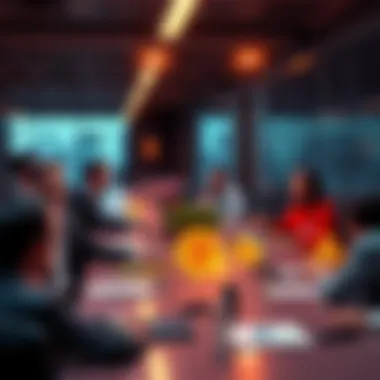 Business meeting on blockchain strategies Group of business professionals discussing blockchain strategies during a meeting