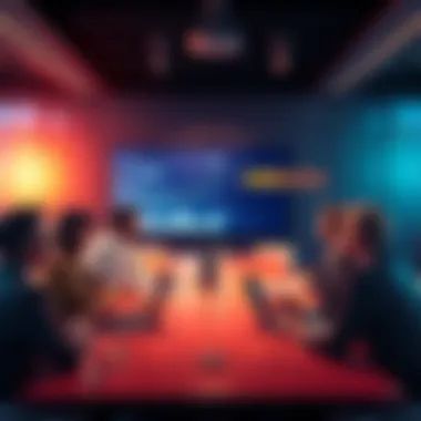 A group of business professionals discussing cryptocurrency solutions at a conference table, with a digital screen showing graphs and Hedera branding in the background.