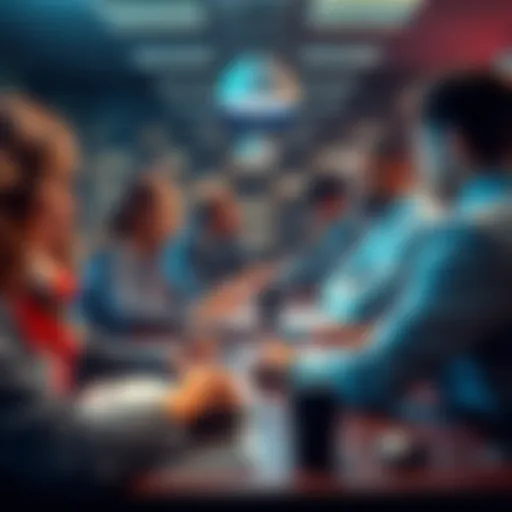 A group of professionals in a meeting, discussing strategies with visible name tags on their desks, highlighting the importance of name recognition in business.