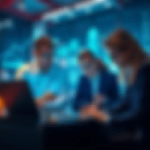 A group of professionals collaborating with AI technology on laptops and tablets to enhance business operations