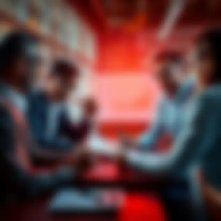 A group of business professionals analyzing charts and reports related to a company's shift in strategy during a meeting.