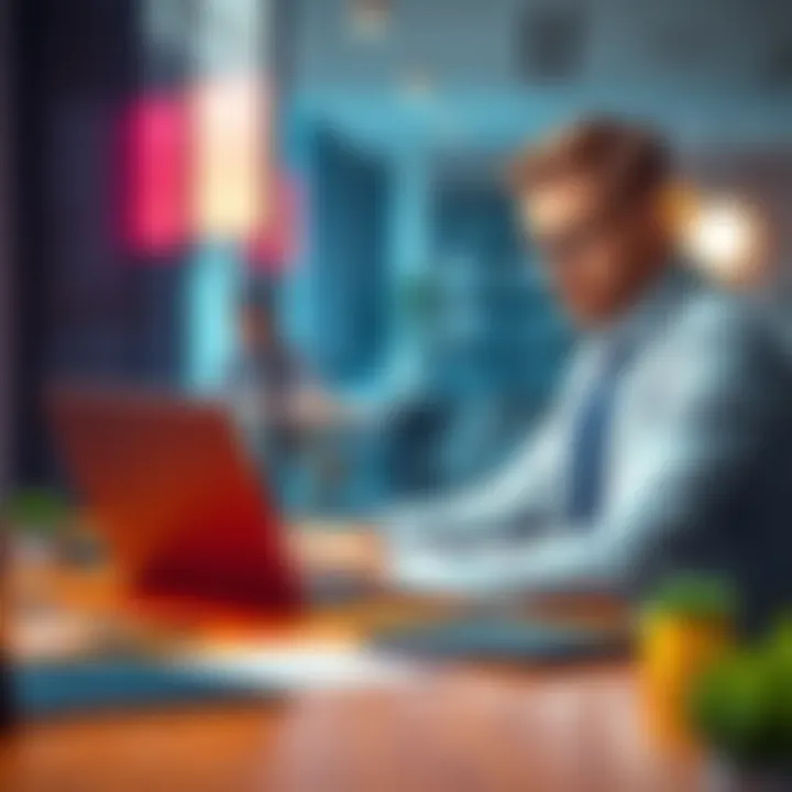 A businessman sitting at a desk with a laptop, evaluating different website management systems, looking concerned about WordPress limitations.
