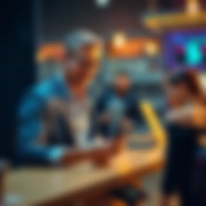 A businessman happily accepting a Bitcoin payment on his smartphone at a counter.