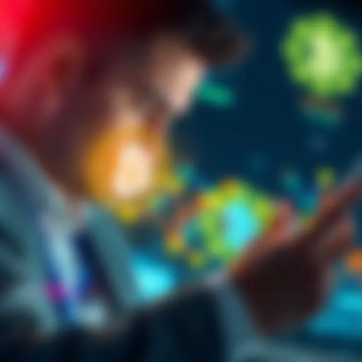 A businessman examining digital blockchain symbols on a screen, showcasing corporate skepticism towards technology